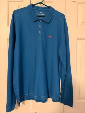Tommy Bahama Long-Sleeve Polo in Teal Blue with Coral Logo